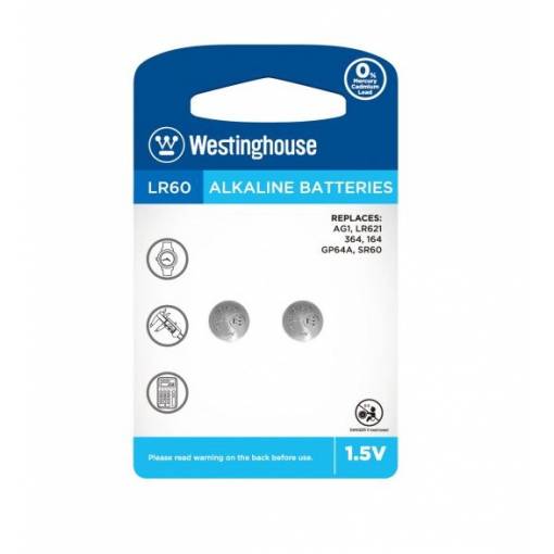 Foto - Westinghouse knoflíková alkalická baterie LR60 (AG1, LR621, 364, 164, GP64A, SR60) - 2 kusy; 1,5V